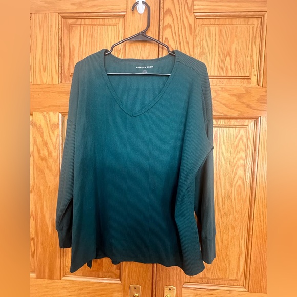American Eagle Outfitters Tops - American Eagle - Dark Green Ribbed Knit Long Sleeve V-Neck Top